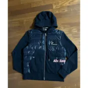 秋冬Moncler男款、貼布、刺繡 標籤 高盧雄雞 Logo、羽絨 拼接針織 深藍色 連帽拉鏈 夾克外套。