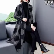 【五星好評】波點圓點中長款大翻領風衣外套女2024秋冬季新款歐美大碼休閒大衣