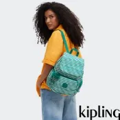 『猴子包』Kipling 白綠條紋掀蓋拉鍊後背包-CITY ZIP S
