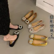 經典高級感平底鞋 娃娃鞋 包頭鞋 內增高 絨面水鑽法式小單鞋 黑色通勤鞋 好穿不累腳 平底包頭鞋 ol必備