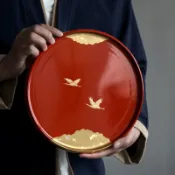 圓盤 餐盤 茶具盤  點心盤 日本進口山家漆器樹脂圓托盤日式手工仙鶴茶杯漆盤干泡茶盤果盤子