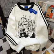 愛依依 情侶款上衣 大學T 帽T 學院風  M-3XL秋季純棉卡通動漫印花三條槓圓領上衣-8190.