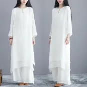 拾光藏寶閣 【文藝復古】茶服套裝 禪修服 瑜珈服 中國風上衣 寬鬆長褲 兩件套 棉麻透氣 禪意設計 甜美仙氣 夏季薄款 女居士款