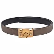 HERMES 經典鉚釘扣頭雙面兩穿小牛皮腰帶/皮帶(黑/錫灰)