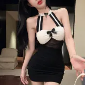 2026新款性感洋裝 時尚洋裝 顯瘦洋裝 露背洋裝 褶皺洋裝 抹胸包臀裙 辣妹洋裝 撞色洋裝 網紗洋裝 拼接鏤空掛脖短裙