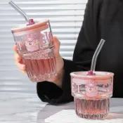 ✨桃園出貨✨吸管杯子女士高顏值玻璃杯耐高溫咖啡杯便攜飲料果汁杯家用喝水杯