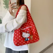 甜美卡通貓咪女生斜背包 小眾紅色波點手拎包 時尚休閒大容量購物袋 小清新尼龍波點kt斜背包