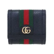【GUCCI 古馳】719887 經典Ophidia系列GG LOGO織帶皮革飾邊中短夾(黑色)