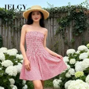 IELGY 抹胸洋裝紅格紋小個子短裙有安全褲