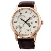 東方錶 ORIENT 日月相系列 白面玫瑰金框機械皮帶錶 RA-AK0007S 42.5mm 藍寶石水晶鏡面 台灣公司貨