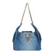 【CHANEL 香奈兒】25 Bag 牛仔布金釦鏈帶肩背包-小(AS5293-牛仔藍)