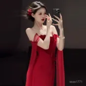會琴服飾 免運 婚禮衣服 抹胸敬酒服新娘新款酒紅色魚尾訂婚禮服裙複古高端晨袍迴門宴