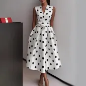 歐美無袖波點圓點洋裝赫本風復古裙晚禮服大擺