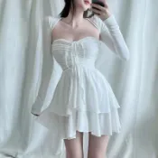 🇰🇷Korea韓國連線·正韓 繞頸平口綁帶蛋糕洋裝 連身裙 連身洋裝 蛋糕洋裝 平口洋裝 露肩 繞頸洋裝 渡假風