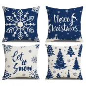 藍色雪花字母聖誕樹抱枕套亞麻 70x70.60x60.50x50.45x45.40x40。聖誕裝飾傢居沙發椅墊套。耐用的