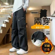 (店+)工裝褲男防風內刷毛登山褲衝鋒褲直筒褲工裝長褲工作褲運動長褲運動褲男長褲保暖褲寬褲寬鬆多口袋透氣耐磨抗皺彈力抓絨褲子