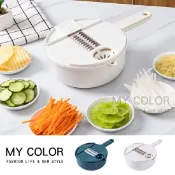 Mycolor 切菜器 切菜機 磨泥器 切絲器 瀝水器 切片器 削皮刀 水瓢 刨絲 削皮 切絲 家用 廚房神器 護手器 沙拉 廚具 6種刀片組合廚房 廚王12件套刨絲切菜器 ♚MY COLOR♚【A035】