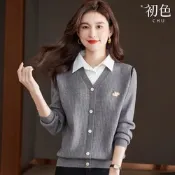 初色 假兩件翻領長袖單排釦針織襯衫上衣女上衣-共5色-38998(F可選)
