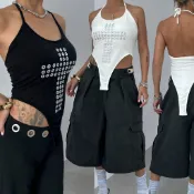 VII&Co.十字架圓釘Bra Bodysuit 歐美 個性 辣妹 附胸墊 綁脖背心 連體衣 露背背心【C090331】