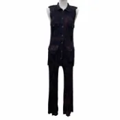 【DOKODEMO】成色極佳☆ 三宅一生 (Issey Miyake) PLEATS PLEASE PP94-JE592 PP94-JF594 四口袋紮染無袖襯衫/喇叭褲套裝，帶品牌標誌紐帶。海軍藍。襯衫：3件，褲子：1件。日本製造。正品。女款。