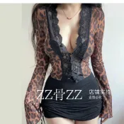 大尺碼性感長袖 歐美風 辣妹豹紋蕾絲拼接印花上衣 低胸爆乳長袖 性感深V 顯胸大長袖 半透明長袖 胖MM上衣