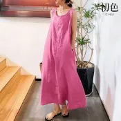 初色 日系寬鬆垂墜感純色圓領無袖寬肩帶背心棉麻中長裙連衣裙連身洋裝-共5色-50754(M-4XL可選)
