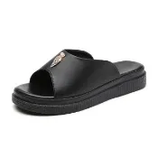 【LOVE FOOT 樂芙】真皮拖鞋 厚底拖鞋/真皮魚口露趾優雅珍珠飾件厚底拖鞋(黑)