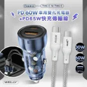 WELLY PD60W急速充電 PD+QC淨透雙孔車充頭+65W Type-C to Type-C 傳輸充電線100cm