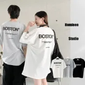 【HS.studio】韓版 短袖 發泡 BOSTON 字母 黑色 白色 灰色 Oversize 男女可穿 情侶款