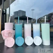 星巴克杯子限量粉藍色漸層款保溫杯雙蓋吸管薯條杯便攜咖啡喝水杯
