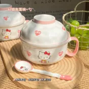 泡麵碗 帶手把泡麵碗✨kitty餐具一人食宿舍家用碗勺套裝ins高顏值泡面碗焗飯碗陶瓷碗