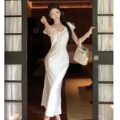 【桃喜Rich女裝】3色緞面魚尾長裙女 白色洋裝 宴會洋裝 生日洋裝 畢業舞會禮服裙 復古性感短袖抽繩繫帶顯瘦連身裙