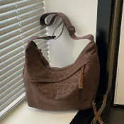 喜挖2店 2025秋冬新款豹紋麂皮絨女包大容量單肩斜後背包通勤百搭休閒餃子包