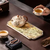 汝窯長方雙層小茶盤 高檔幹泡盤 辦公室收納茶托盤 茶海 茶臺 茶具配件 織錦吉祥紋干泡臺 陶瓷花邊長款茶托盤