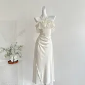 【林哈哈studio】純欲風緞面魚尾一裙多穿米白色高級晚禮長洋裝女 垂感遮肉不透肉不貼身 氣質修身連衣裙 顯瘦