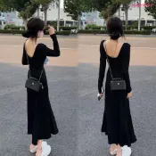 氣質U領露背洋裝 過膝長洋裝 修身顯瘦長袖洋裝 大擺裙 合身洋裝 性感洋裝 黑色長洋裝 包臀裙 女生長裙 秋冬洋裝