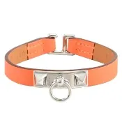 【Hermes 愛馬仕】Rivale Mini 經典鉚釘圓環皮時尚手環(橘/銀)