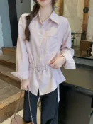 96023  翻領收腰休閒寬鬆長袖襯衫