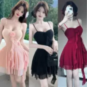  性感網紗低胸純慾甜美氣質花朵拚接弔帶流蘇收腰大擺連衣裙 洋裝 正韓 禮服 連身裙 包臀裙