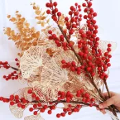 (台灣現貨)新年金漆紅果裝飾/短枝金色仿真植物葉材/金錢樹/繡球/尤佳利/冬青/銀杏/金色葉子/新年金蔥裝飾/漆金花材