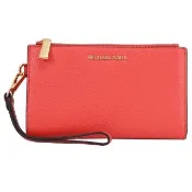 【Michael Kors】新版金屬LOGO荔枝皮革手提式雙拉鍊手機零錢長夾(橘紅)