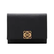 【LOEWE 羅威】Trifold Anagram 鵝卵石紋小牛皮 三褶 零錢包 皮夾 中夾 短夾 黑色 金色