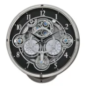 RHYTHM CLOCK日本麗聲亮銀框黑色鏤空齒輪溫度濕度整點報時音樂掛鐘4MH442WU08