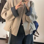 美拉德復古休閑時尚格紋拼接毛呢外套女2025秋新款輕熟風立領上衣