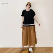 甜甜甘L-3XL大尺碼女裝 夏季洋裝 2026新款寬鬆設計感拚接撞色裙擺短袖大尺碼洋裝 過膝長洋裝4