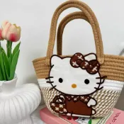 ins風純手織手袋 可愛卡通刺繡kitty手提包 草編包 手提包
