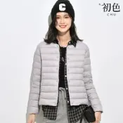 初色 日系簡約純色保暖防風輕薄圓領V領長袖羽絨外套外套女外套-共10色-16533(M-4XL可選)