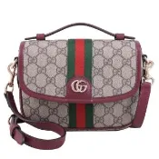 【GUCCI 古馳】Ophidia 經典雙G緹花紅綠織帶翻蓋兩用包(駝/酒紅)