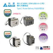 【台達Delta】埋入式 60W /20W USB A+C PD充電插座/Type C插座/台達電快充/樹榮電工經銷代理