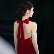 【酒紅色掛脖魚尾】新娘敬酒服 訂婚禮服 晚禮服洋裝 高級感輕奢 高端氣質小眾 魚尾晚禮服 新娘禮服